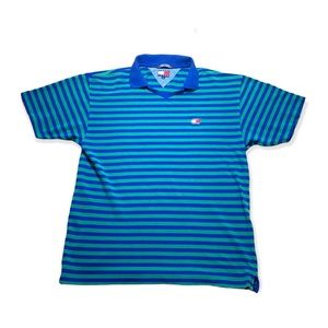 Tommy Jeans Hilfiger Vintage Green and Blue Striped Polo Shirt Size Large 2001